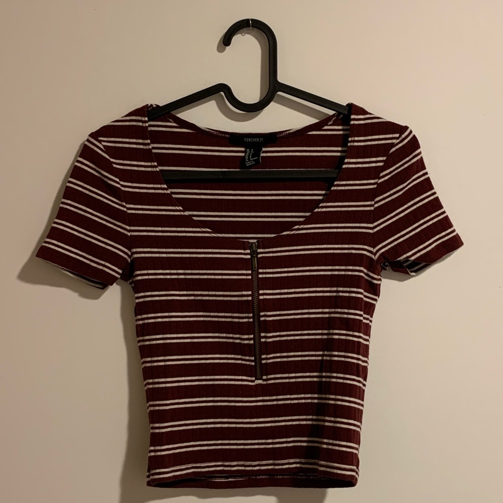 striped maroon and white zippered crop top